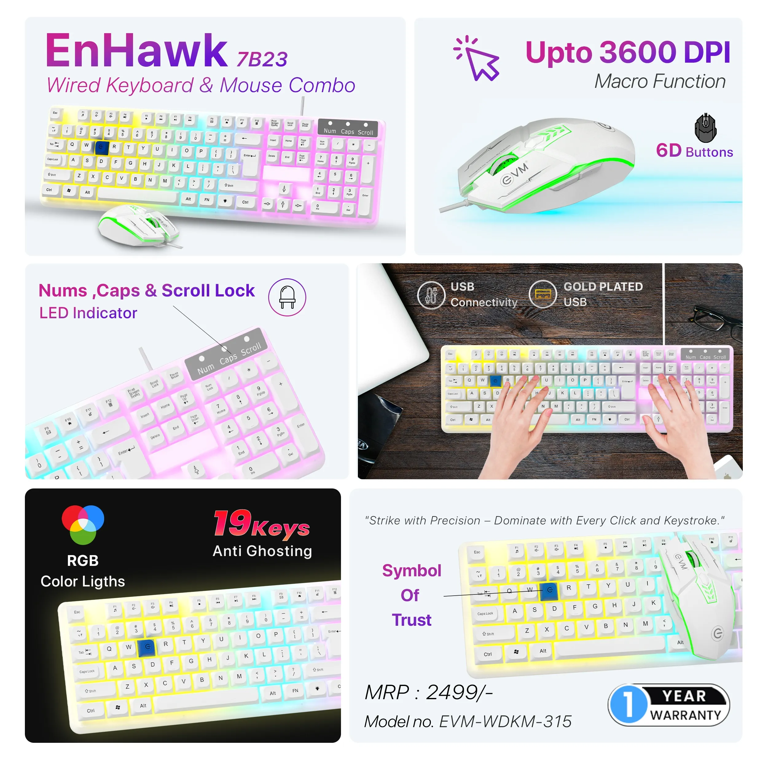 EVM Gaming Keyboard Mouse Combo USB EnHawk 7B23 White view 3